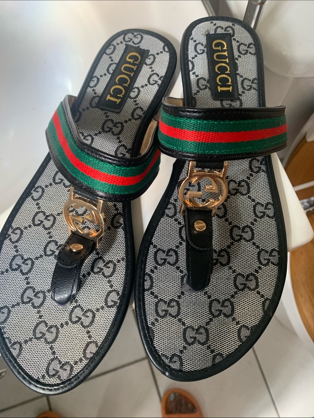 Gucci Black with Green & Red Web GG Logo Thong Sandals